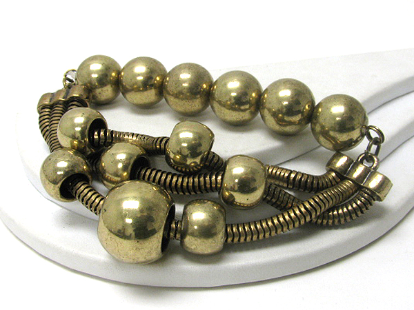 Multi metal ball and triple snake chain link stretch bracelet