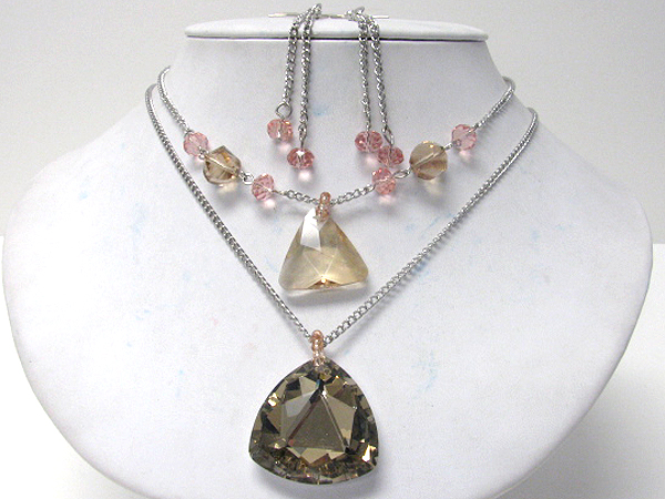 Double facet glass pendant and two layered necklace earring set