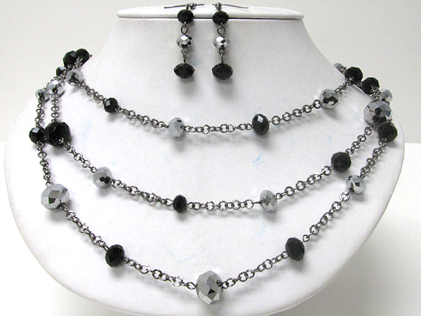 Glass stone and triple layered chain link station necklace earring set