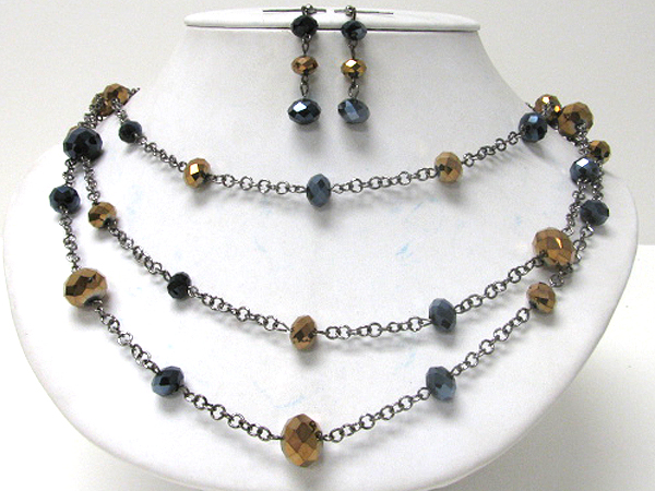 Glass stone and triple layered chain link station necklace earring set