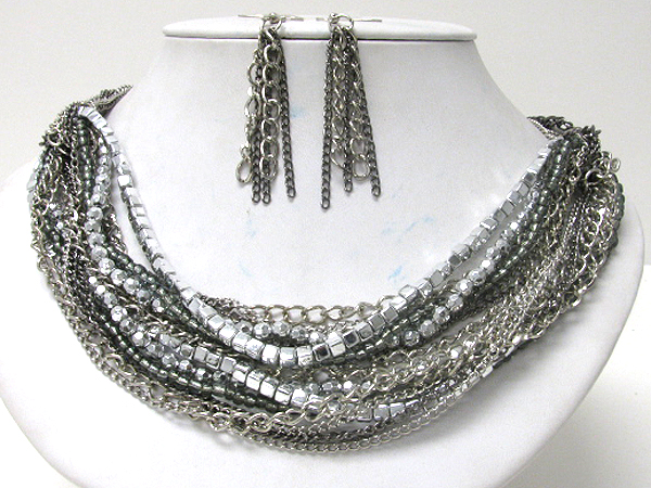 Multi metal chip and chain mix necklace earring set