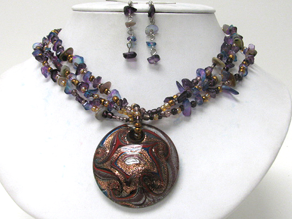 Murano glass large disk pendant and chip stone chain necklace earring set