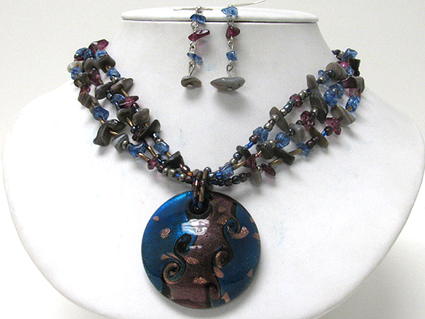 Murano glass large disk pendant and chip stone chain necklace earring set