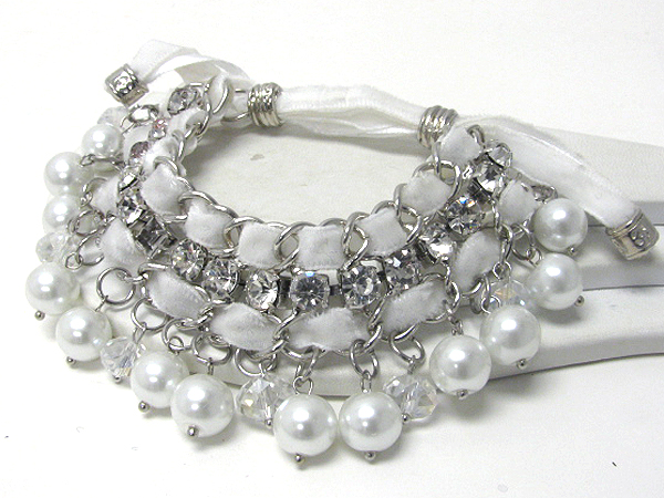 Multi crystal and pearl deco double suede chain magnet bracelet