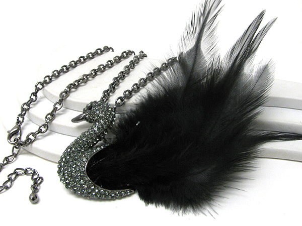 Crystal stud swan and feather tail necklace