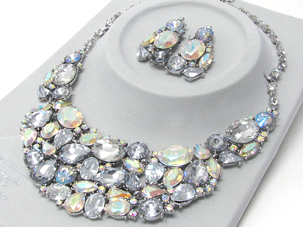 Luxurious austrian crystal line - multi shape crystal mix bib style party necklace earring set