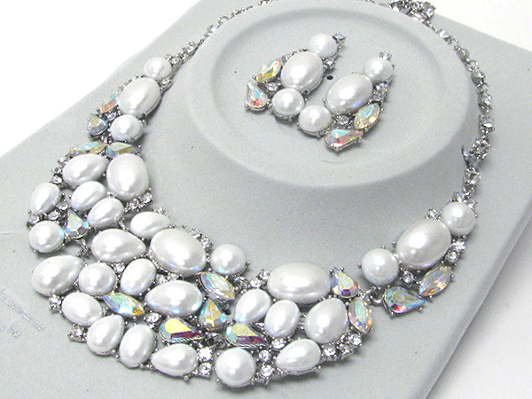 Luxurious austrian crystal line - multi crystal and pearl deco bib style necklace earring set