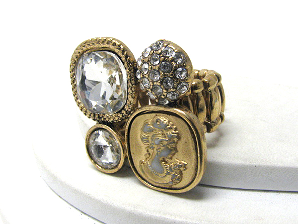 Architectural crystal and cameo deco stretch ring