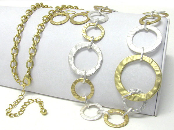 Multi hammered metal hoop link long necklace earring set - hoops