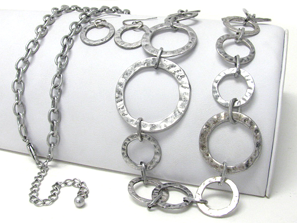 Multi hammered metal hoop link long necklace earring set - hoops