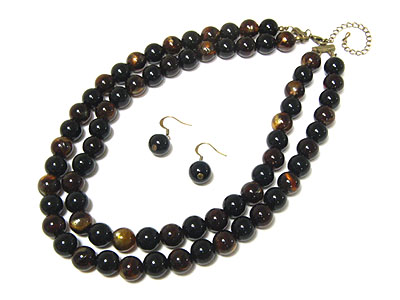 2 row tiger eye stone  and burnish brass chain necklace and earring set