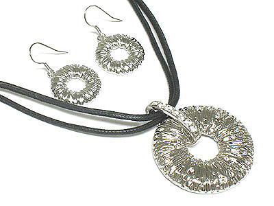 Crystal metal round pendant and suede cord necklace and earring set