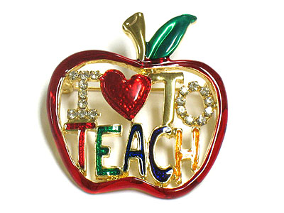 Back to school theme crystal i love to teach apple brooch