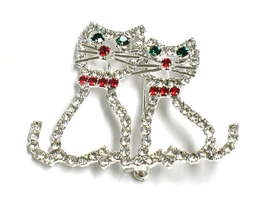 Crystal dual cat brooch or pin