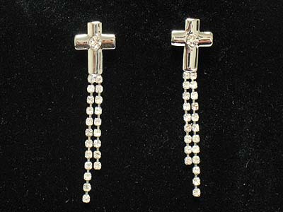 Crystal metal cross and double line drop earring 