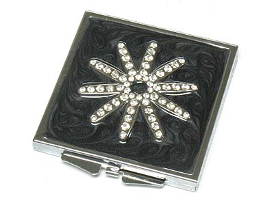 Crystal flower top square compact mirror - two side mirror 