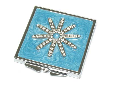 Crystal flower top square compact mirror - two side mirror