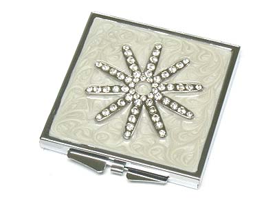 Crystal flower top square compact mirror - two side mirror 