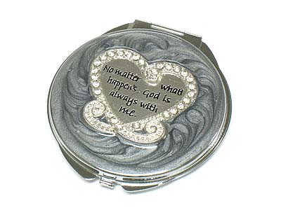 Crystal heart top bible message round compact mirror - two side mirror 