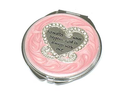 Crystal heart top bible message round compact mirror - two side mirror