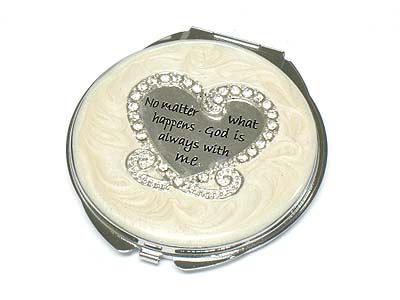 Crystal heart top bible message round compact mirror - two side mirror 