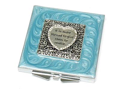 Crystal heart top bible message round compact mirror - two side mirror 