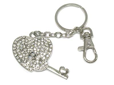 Crystal heart and key drop key chain charm