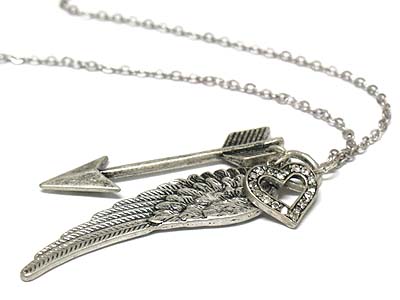 Crystal heart and wing and arrow pendant long necklace