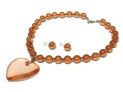 Heart charm acryl ball fashion necklace and earring set