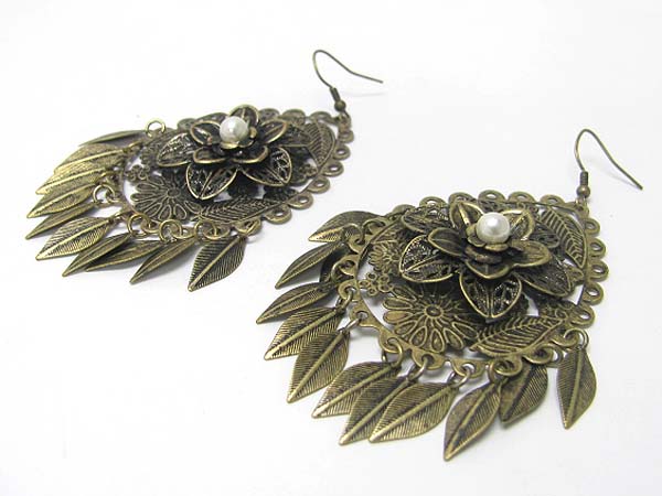 Burnish metal textured flower and leaves drop earring