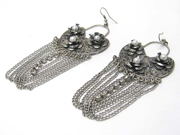 Burnish metal textured flower and chain hanging drop earring