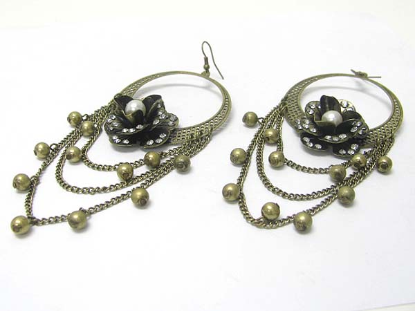 Burnish metal textured flower and chain and ball drop earring