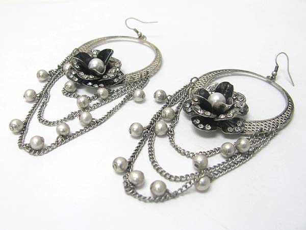 Burnish metal textured flower and chain and ball drop earring