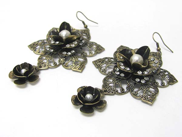 Burnish metal textured flower and flower drop earring