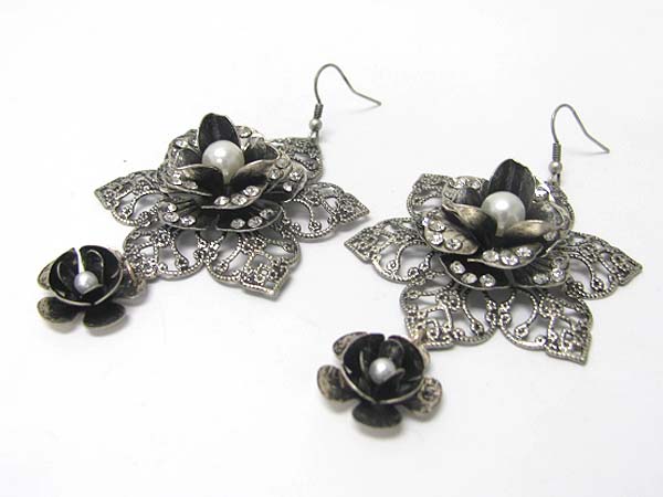 Burnish metal textured flower and flower drop earring