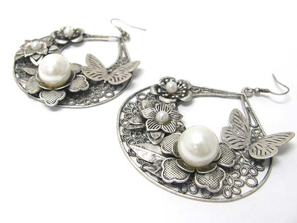 Burnish metal textured butterfly and flower deco earring