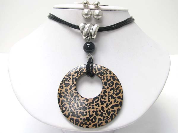 Animal print wood donut medallion cord necklace earring set