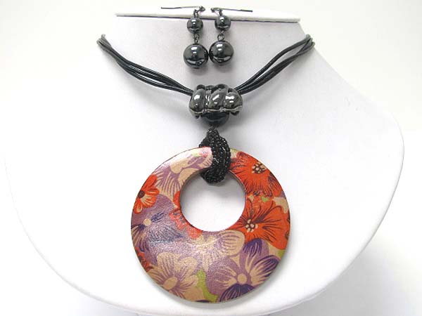 Flower print wood donut medallion cord necklace earring set