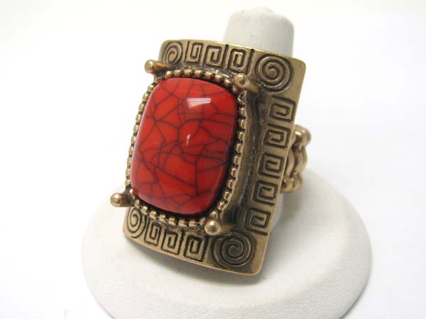 Rectagle coral stone long finger stretch ring