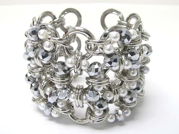 Pearl and facet glass beads deco metal cuff bangle