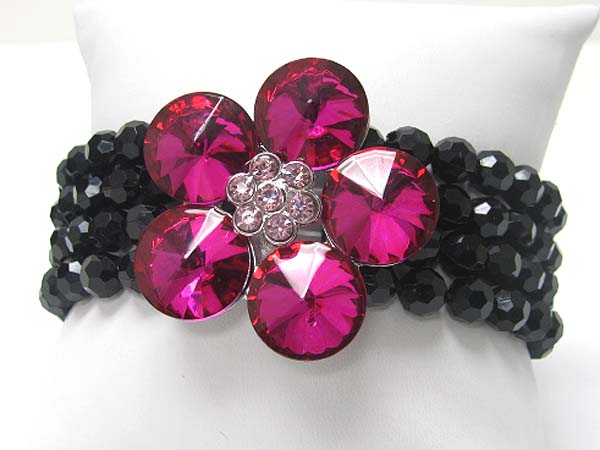 Crystal flower top multi row beads stretch bracelet