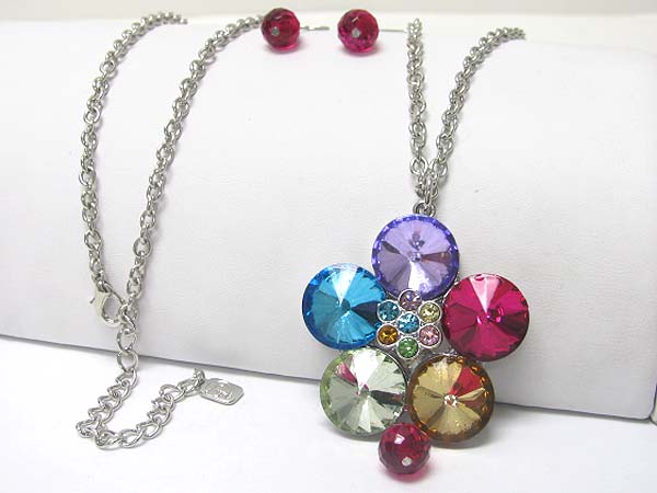 Crystal flower pendant long chain neckalce earring set