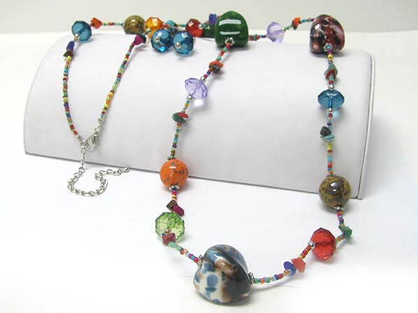 Ceramic stone and mixed beads long chain necklace earring set