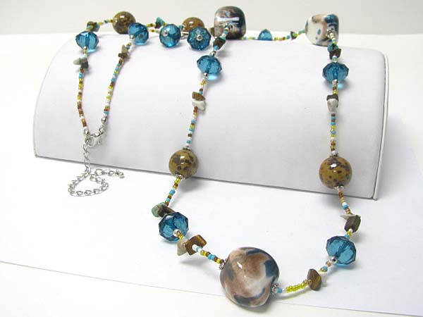 Ceramic stone and mixed beads long chain necklace earring set