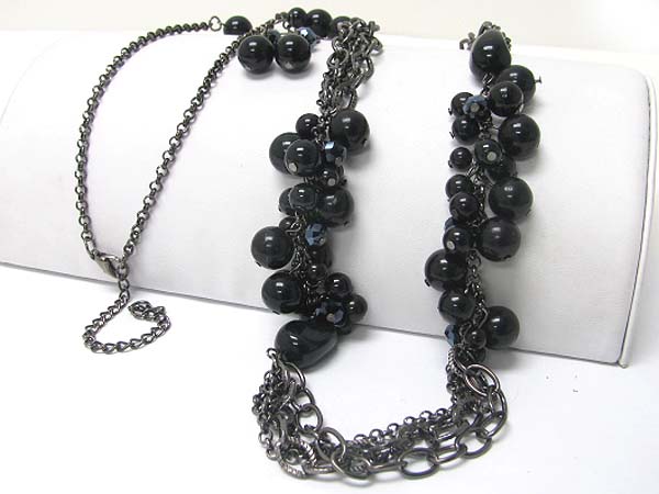 Peal ball cluster multi chain long necklace earring set