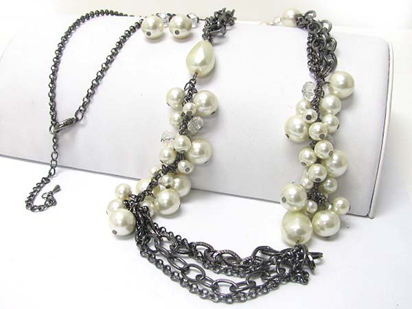 Peal ball cluster multi chain long necklace earring set