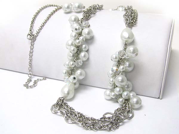 Peal ball cluster multi chain long necklace earring set