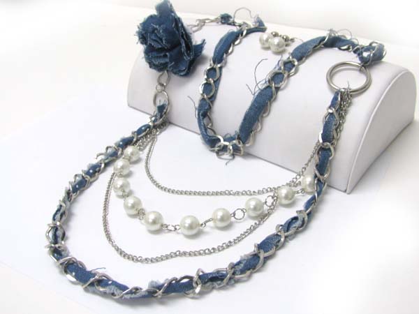 Denim and pearl and metal long chain necklace earring set