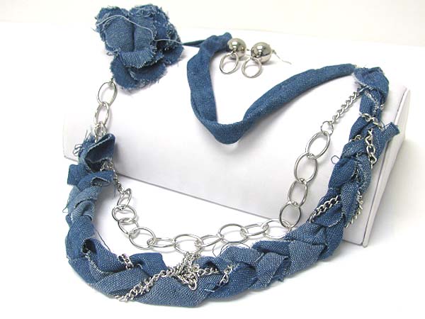 Braided denim and metal long chain necklace earring set