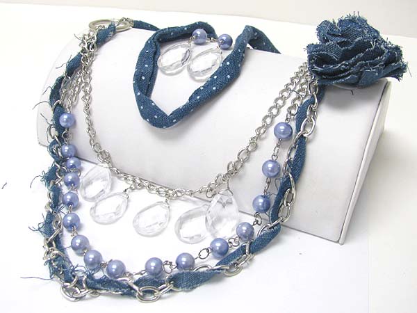 Denim and pearl and metal long chain necklace earring set